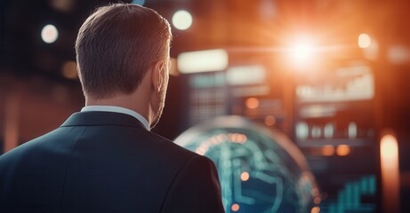 A businessman reviews data on a large screen, contemplating global trends and insights.