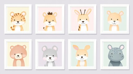 Obraz premium Cute wild woodland baby animal faces in pastel color vector illustration. Baby shower and nursery art animal set including a bear, tiger, lion, rabbit, giraffe, zebra, crocodile, fox, hippo and monkey