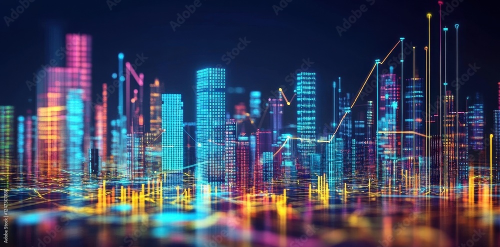 Poster futuristic cityscape illuminated with dynamic data graphs