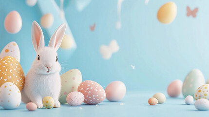 Obraz premium Colorful Easter eggs surround a cute white bunny in a festive spring setting featuring pastel hues and playful decorations for the holiday celebration. Generative AI