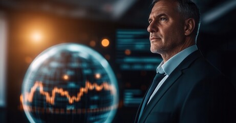 A pensive businessman contemplates global market trends visualized on a futuristic orb.