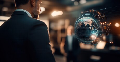A businessman contemplates a holographic globe, visualizing global connectivity and data streams.