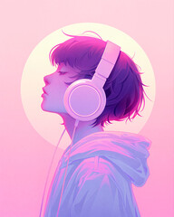 Illustration of a guy wearing lo-fi style headphones with purple and pink color palette. Suitable for poster design