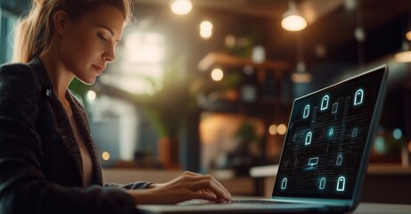 Woman working on laptop, screen displays cybersecurity symbols.  Focus on data protection and online safety.
