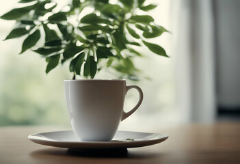 wooden white closeup table trees green leaf vase coffee cup small decoration design hot drink background wood natural black plant yellow food office style fresh brown object notebook decor beverage