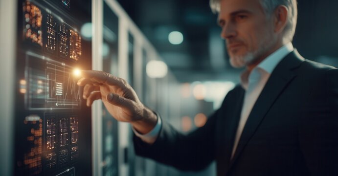 A businessman interacts with a futuristic holographic interface, analyzing data streams and charts.