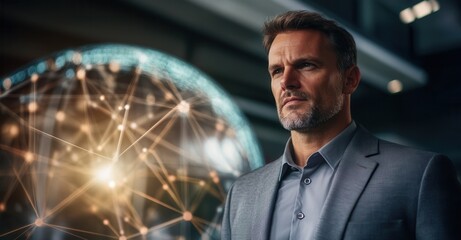 A pensive businessman stands before a glowing network sphere, contemplating global connections and opportunities.