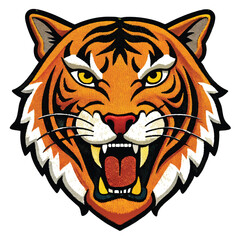 A high-quality embroidered patch of a roaring tiger head with electrifying colors and dynamic stitching