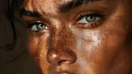 Fototapeta premium A young woman with striking clear eyes captured in a close-up portrait, radiating confidence and natural beauty. Perfect for showcasing youth, lifestyle, or beauty-focused content.