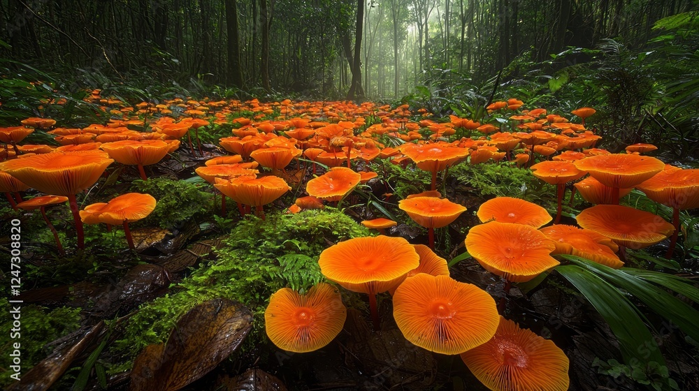 Poster lush greenery envelops a dense forest where a stunning display of vibrant orange mushrooms blankets 