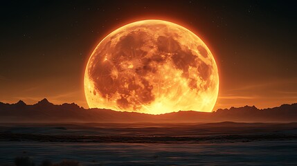 Desert landscape, giant orange moon rising, starry night, mystical scene, fantasy art