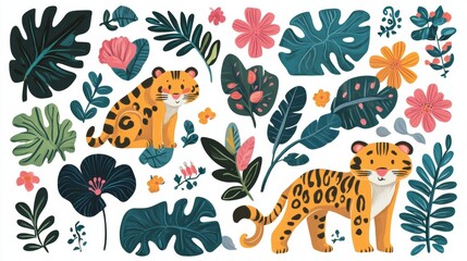 Obraz premium Stickers exotic tropical leaves, tigers, leopards and wild animals, birds, jungle plants, palm trees, monstera leaves and flowers. Set of vector jungle stickers in cartoon retro style
