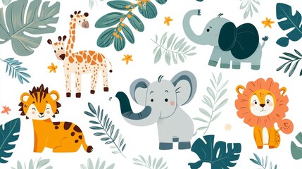 Naklejka premium Children s animals background. Cute animals in the jungle on white. Vector illustration in flat style