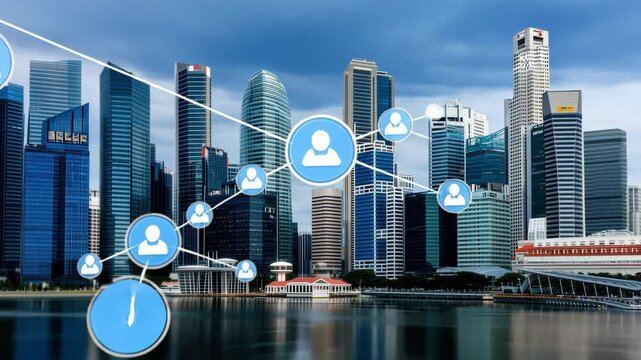 A vibrant city skyline showcases futuristic buildings while digital connections represent networking innovation and technology integration