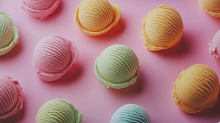 Colorful scoops of ice cream on a pink background, vibrant dessert arrangement, summer sweetness concept