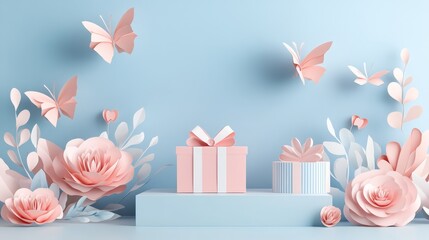 Happy International Womens Day 8 march with paper art style, elegant podiumm, and cute gift box. Suitable for banner, flyer and advertising.