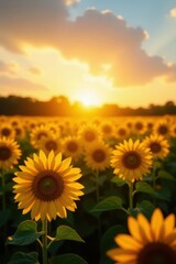 Fototapeta premium Golden hour sunlight illuminates a sunflower field, creating a radiant backdrop , outdoor, backdrop, blossom