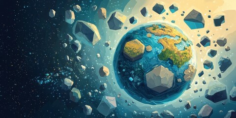 Stylized earth encircled by asteroids and set against cosmic backdrop