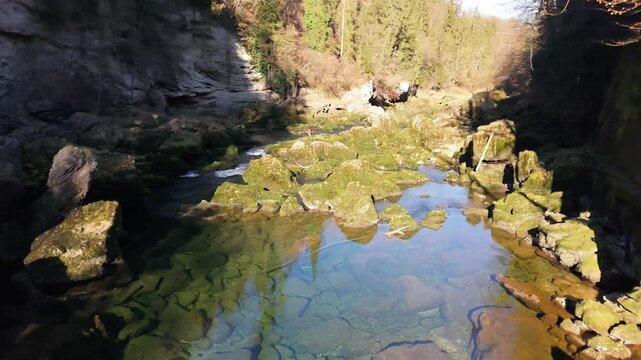 Drone footage of the Traun river flowing in a dense woods in the Austrian state of Upper Austria