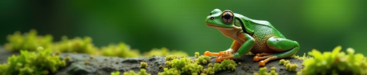 Naklejka premium Green frog on a mossy rock, eyes fixed on something unseen , mystery, moss, legend