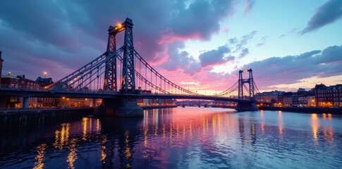 Obraz premium Iconic tilting bridge, Newcastle riverside skyline, geometric, dusk, cityscape