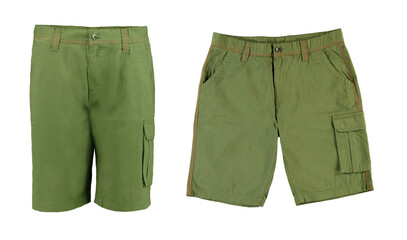 Men's khaki shorts with side pockets. Knee-length shorts. Two types. Photo on a mannequin without a model. Isolated image on a white background. Nobody. 