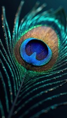 Obraz premium Intricate blue peacock feather detail, iridescent sheen, nature photography, design, exotic