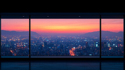 Sleek dark office buildings glow as dusk descends, symbolizing power and ambition. The bright modern tones contrast with the deepening night, evoking mystery, opportunity, and urban sophistication