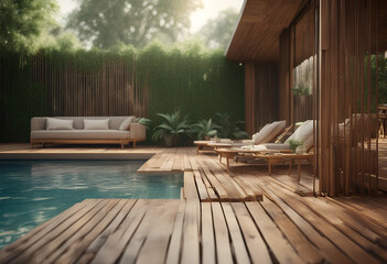 furniture pool view wall swimming wooden decorated render garden terrace 3d rattan nature surrounded floor tile lath green exterior living modern patio balcony fresh luxury white fence tree wood