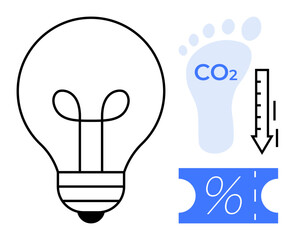 Lightbulb symbolizing ideas alongside CO2 footprint, downward arrow, and percentage sign. Ideal for sustainability, energy efficiency, innovation, eco-friendly practices, climate action, cost