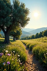 Obraz premium Olive grove bathed in sunlight, wildflowers blooming, spring, plants, photography