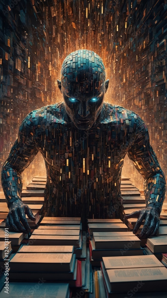Poster representation of information overload with a humanoid figure composed of books and digital elements