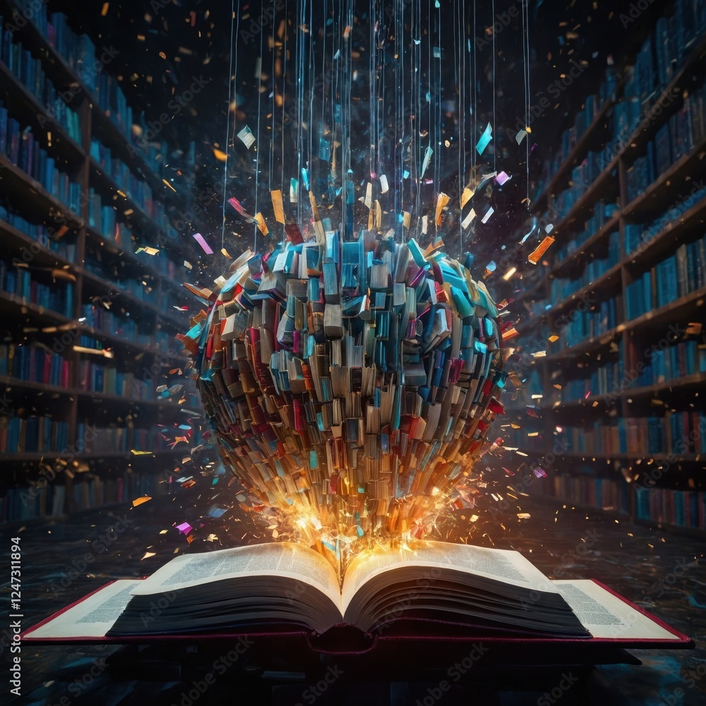 Poster information overload represented through an exploding book surrounded by floating books in a dark li