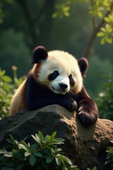 Fototapeta premium Plump panda snoozing peacefully on a sun-drenched rock , peaceful, forest, mammal