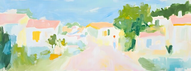 Fototapeta premium The picture shows an idyllic village with houses in pastel colors 
