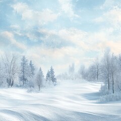 Winter landscape with snow covered trees and blue sky. Vector illustration.