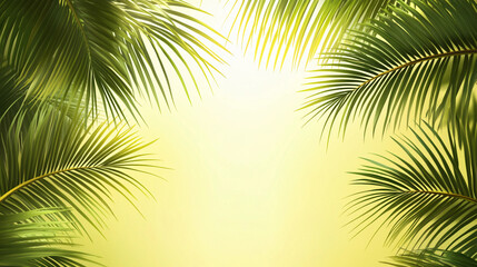 Naklejka premium Lush green palm leaves with a warm golden background creating a serene tropical atmosphere for relaxation and escape. Generative AI