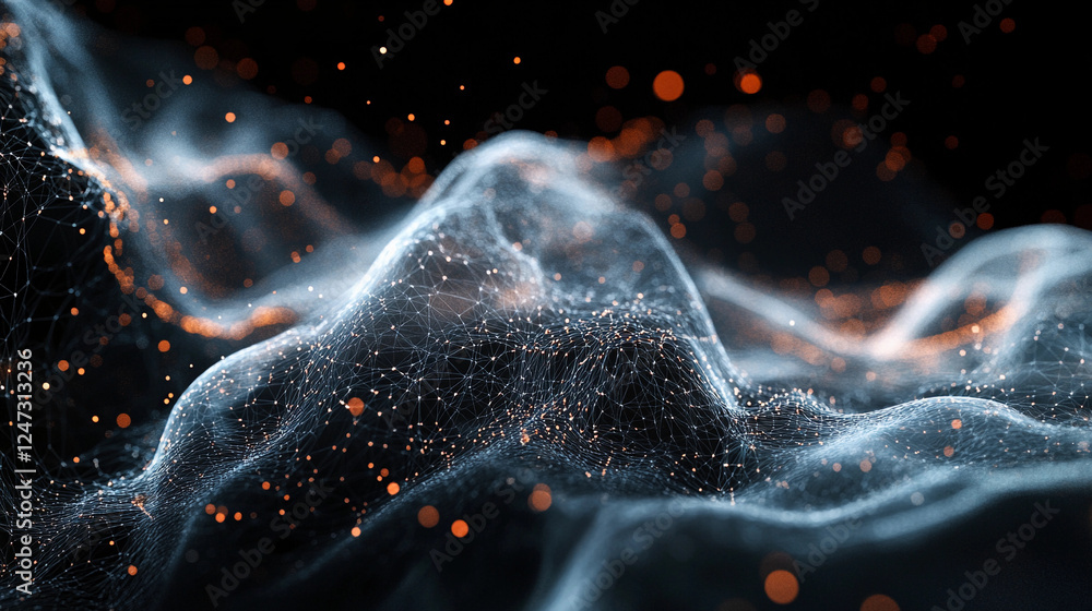 Poster digital cloud model depicting abstract waves and particles with glowing elements in a dark space, il