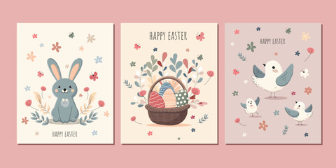 cute set of three easter cards with bunny, easter basket with eggs, three cute birds in pastel shades in flat style. Vector art on easter theme with a group of cute cards