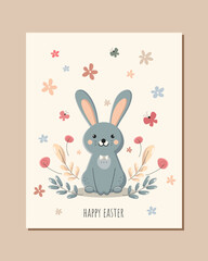 cute blue easter bunny is sitting on beige background with with colorful flowers. flat vector art with cute easter rabbit for cards