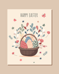 isolated cute easter basket with colorful eggs decorated with flowers on light background. vector illustration in flat style with easter eggs