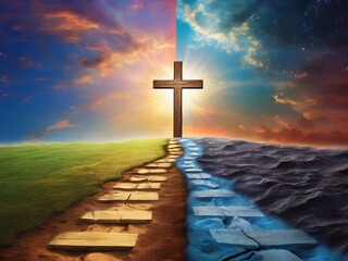 Symbolic image of two diverging paths representing different life choices. One path will be broad, filled with worldly temptations, distractions, struggles, while the other will be narrow, leading tow