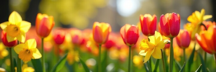 Vibrant tulips and daffodils in full bloom, sunny spring scene , orange, flowers, garden