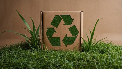 Grass, mockup and cardboard with recycle arrow for sustainability, environment and package pollution. Recycling, earth day and energy with eco friendly sign for reusable, clean energy