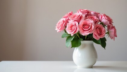 Cluster of fresh pink roses in a simple white ceramic vase, photography, beauty, bloom