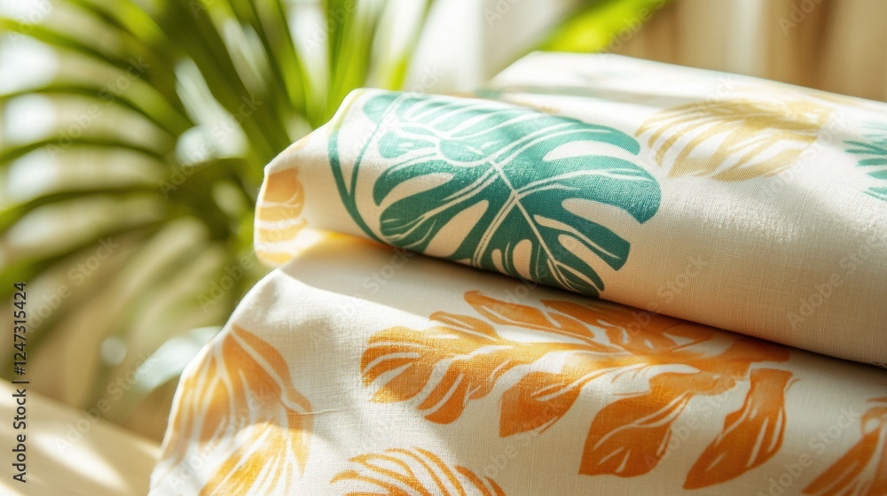 Aufkleber tropical patterns on light summer fabrics resting on a wooden surface in a bright indoor space with 