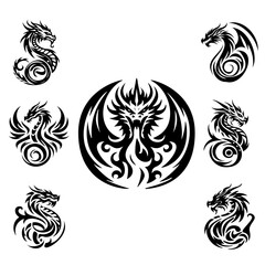 7 dragon logo designs, western styled one color, low point count