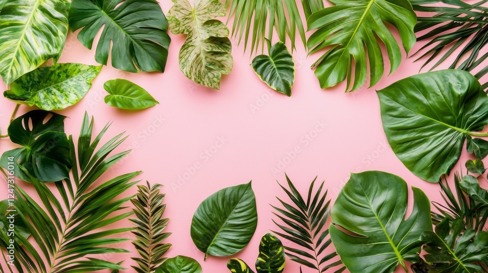 Poster lush tropical palm leaves are artfully arranged on a soft pink surface, evoking a sense of paradise 