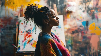 Obraz premium A young artist stands in a colorful studio, contemplating her next creation. The vibrant backdrop inspires creativity and imagination daily.
