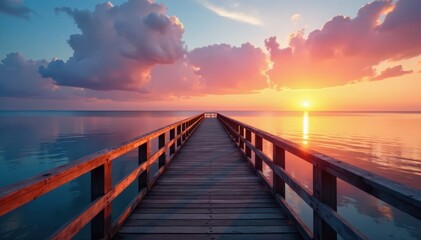 Obraz premium Wooden footbridge spanning calm sea at sunset, water, architecture, tranquil